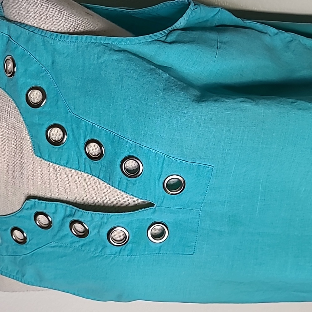 Top Size Large Turquoise Blue Linen Sleeveless Vacation Travel Casual Beach Cute - Picture 3 of 6